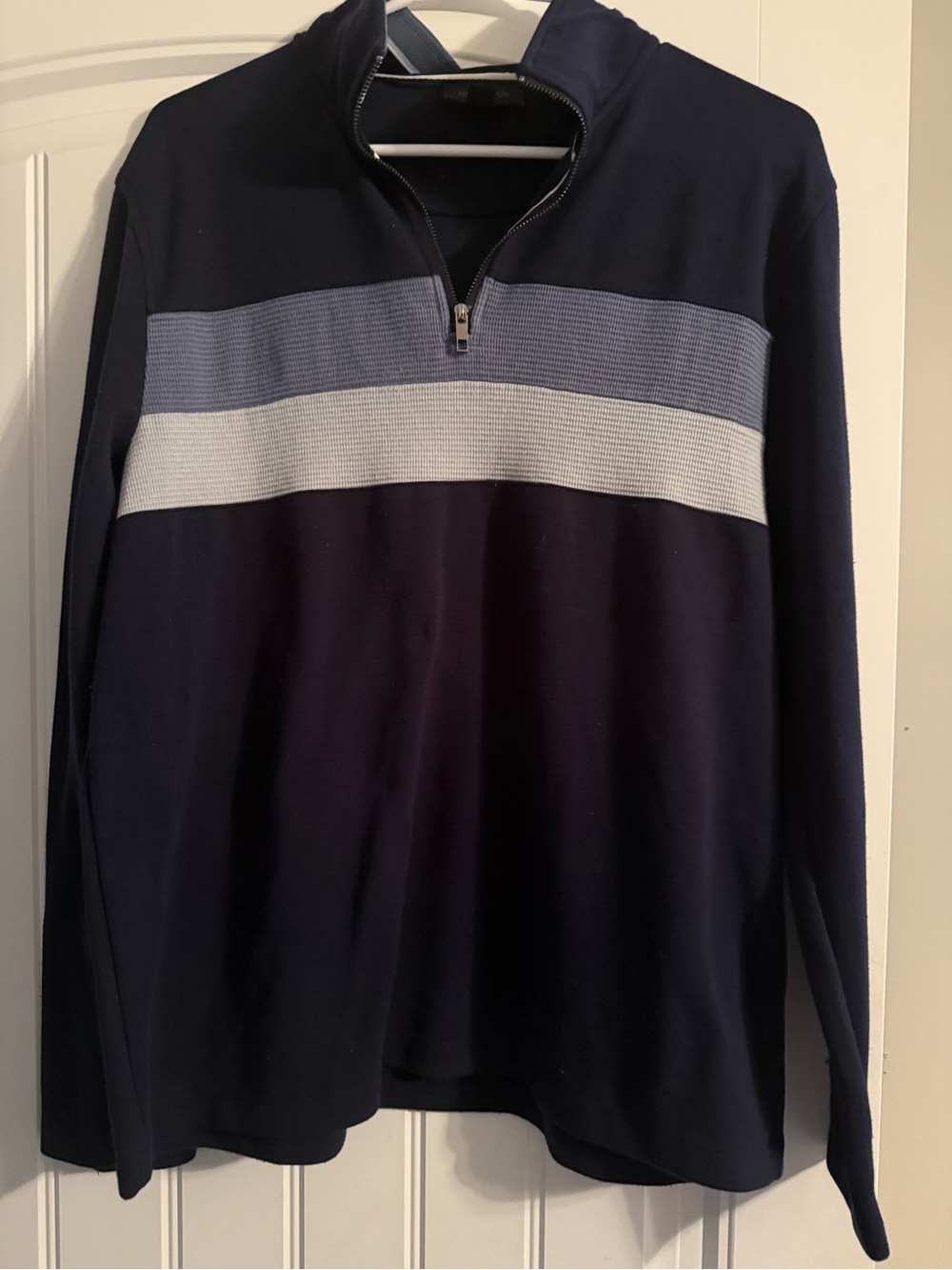 Magaschoni Navy Quarter-Zip Sweater with Light Blue and White Stripes